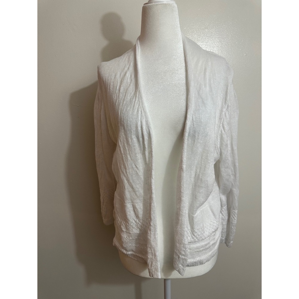 Nanette Lepore White 100% Linen Open Front Cardigan Pointelle Knit Size L